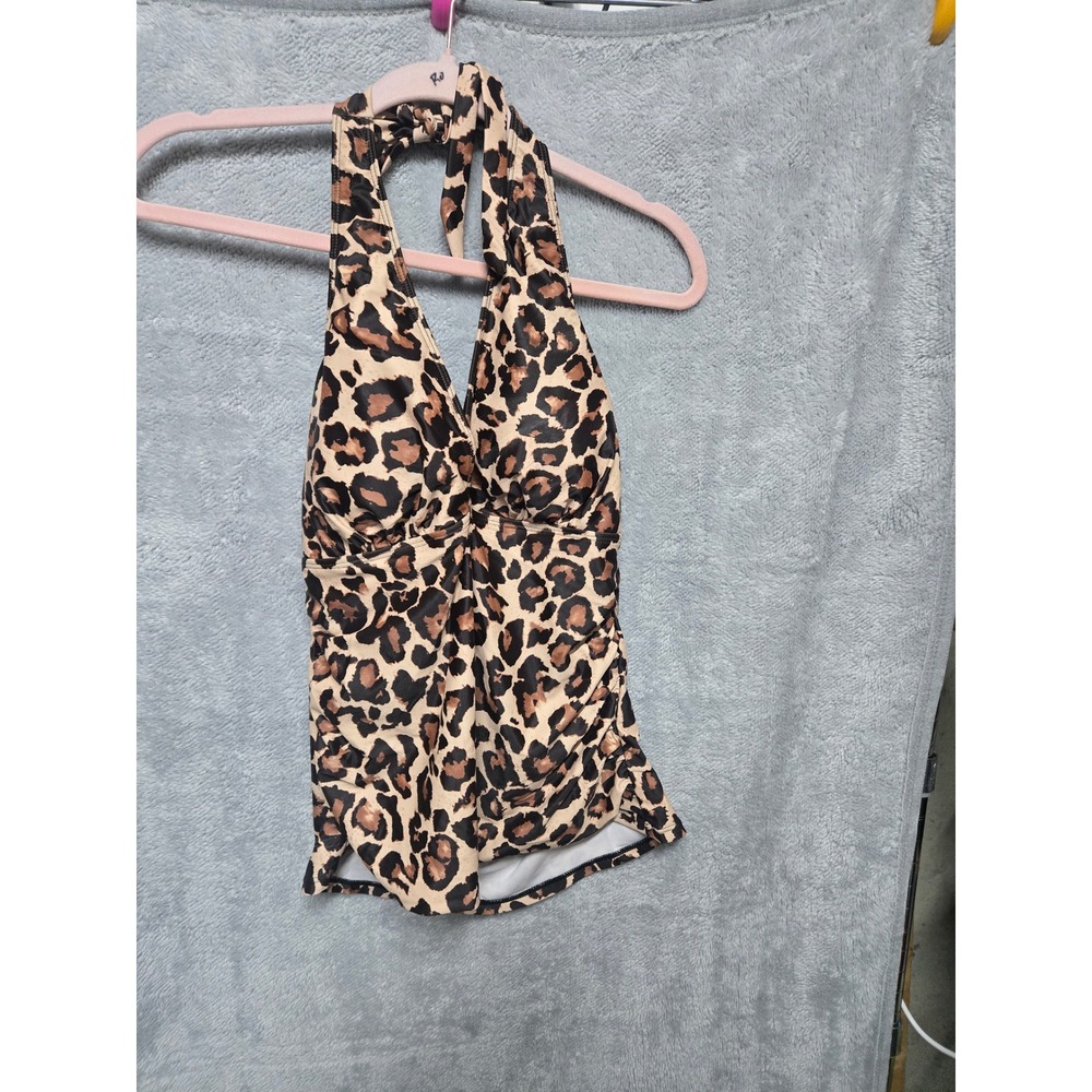 Holipick Leopard Print Halter Tankini Top Brown Animal Print Ruched Size L NWT